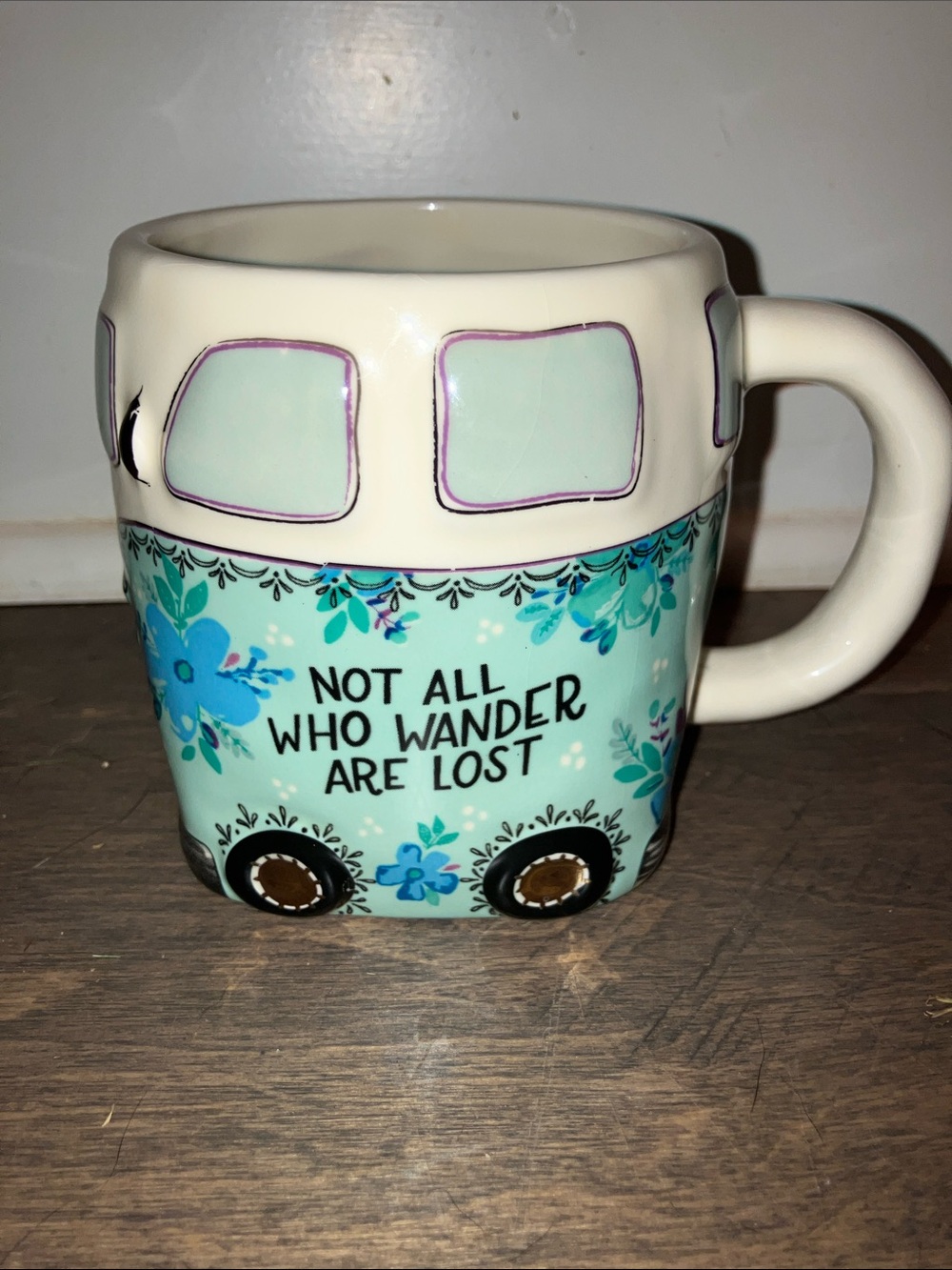Natural Life Ceramic Floral Camper Mug Teal - 'Not All Who Wander Are Lost'